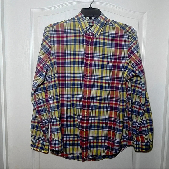 Ralph Lauren Shirt Mens Large  Authentic Indian Madras Plaid Blue Red Yellow - Picture 1 of 6